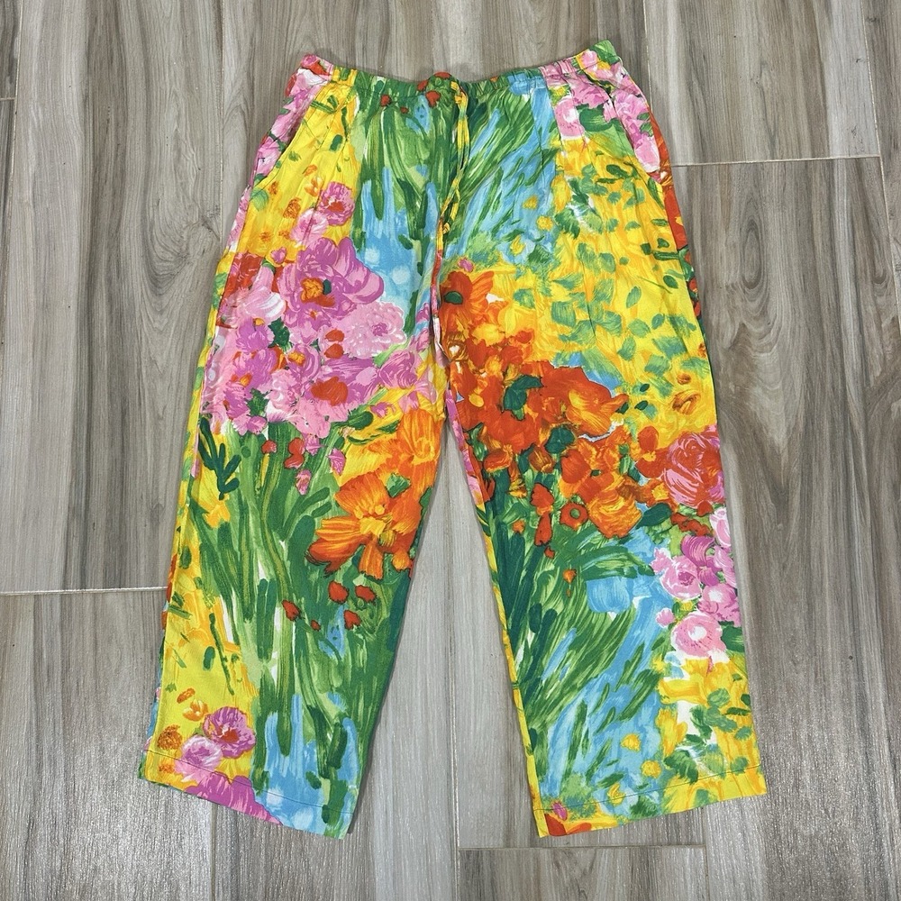 Jams World Pants Small Bouquet Floral Wide Leg Crop Relaxed Watercolor Stretch